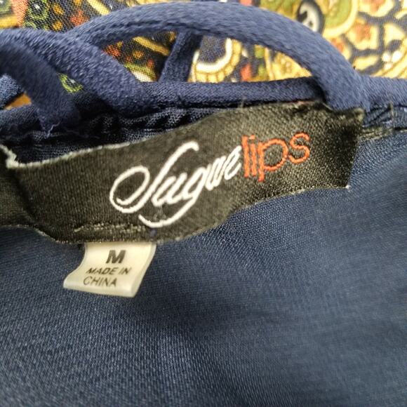 SugarLips Navy Blue Green Rust Tan Paisley Sheer Overlay Maxi Boho Dress Medium - Picture 6 of 7